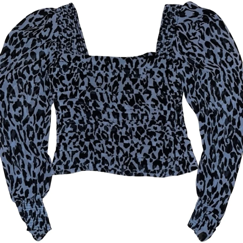 ZARA Womens Blue Animal Print Balloon Long Sleeve Pleated Crop Blouse Top Small